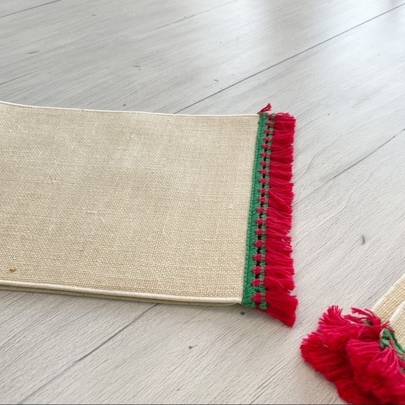 Vintage MCM Burlap Padded Table Runner & Placemats Green Red Tassel Christmas - Picture 9 of 11